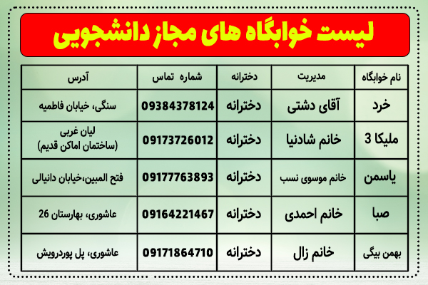 لیست خوابگاه های مجاز دانشجویی